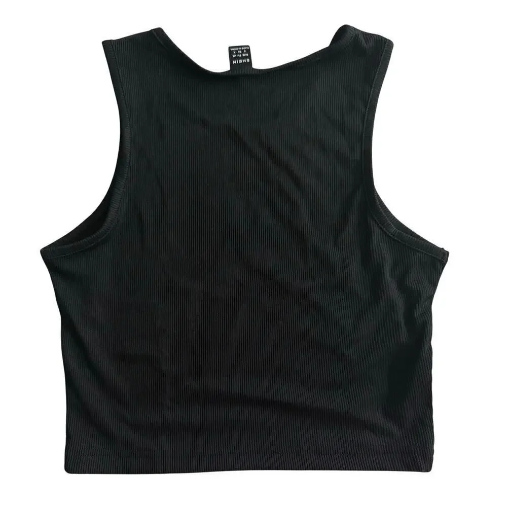 Shein Solid Ribbed Knit Tank Top, Black, S